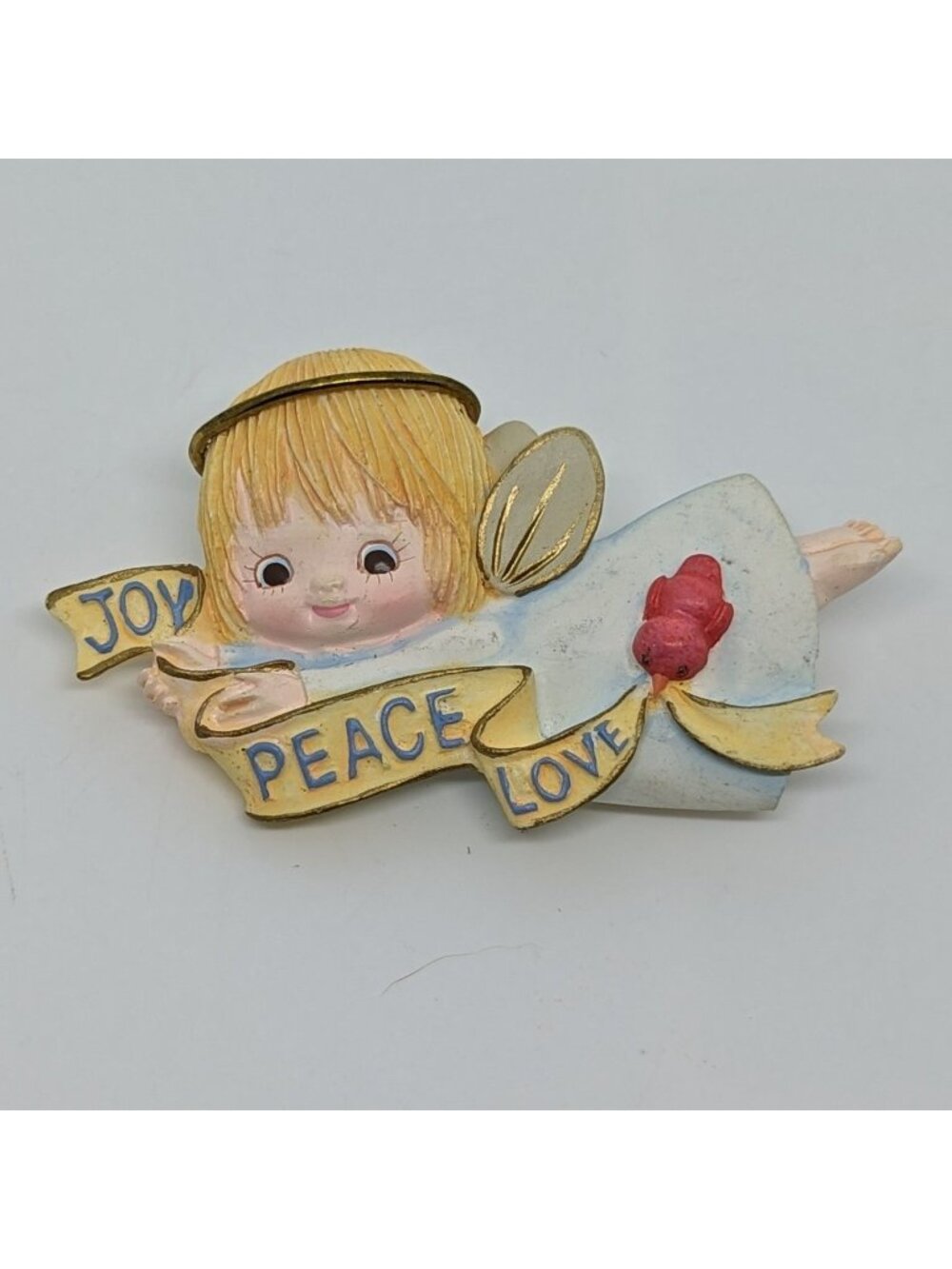 Vtg Angel Brooch Joy Peace Love Banner & Red Bird Pinback Hand-Painted Design